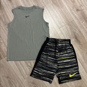Boys medium Nike Dri-FIT Gray, black, neon yellow tank and basketball shorts set